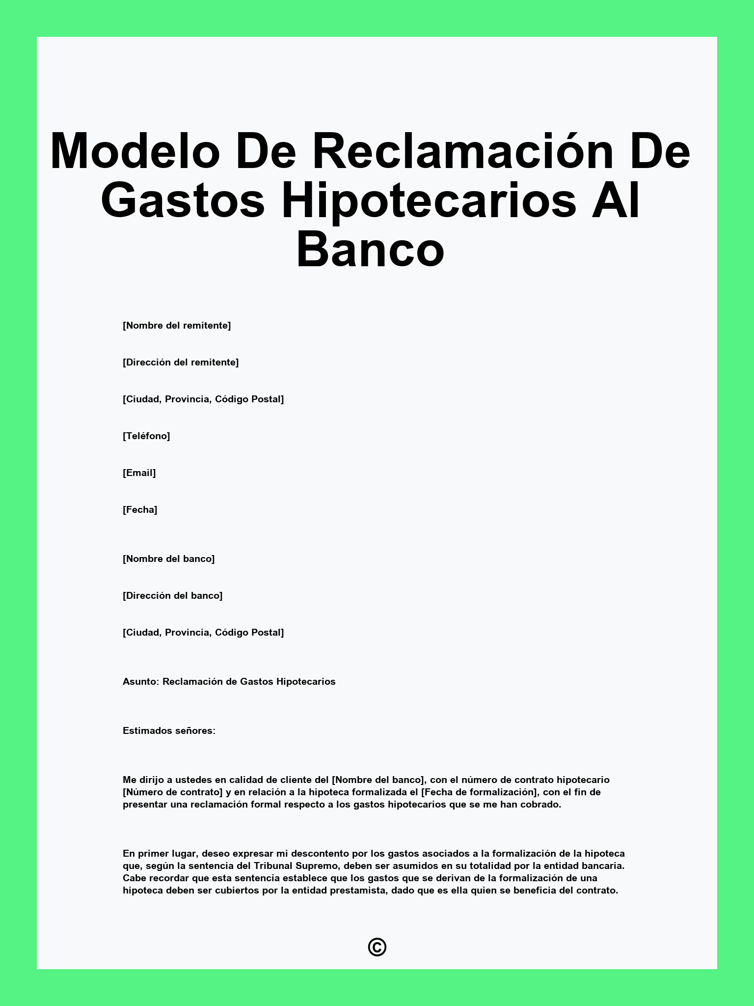 Modelo De Reclamación De Gastos Hipotecarios Al Banco