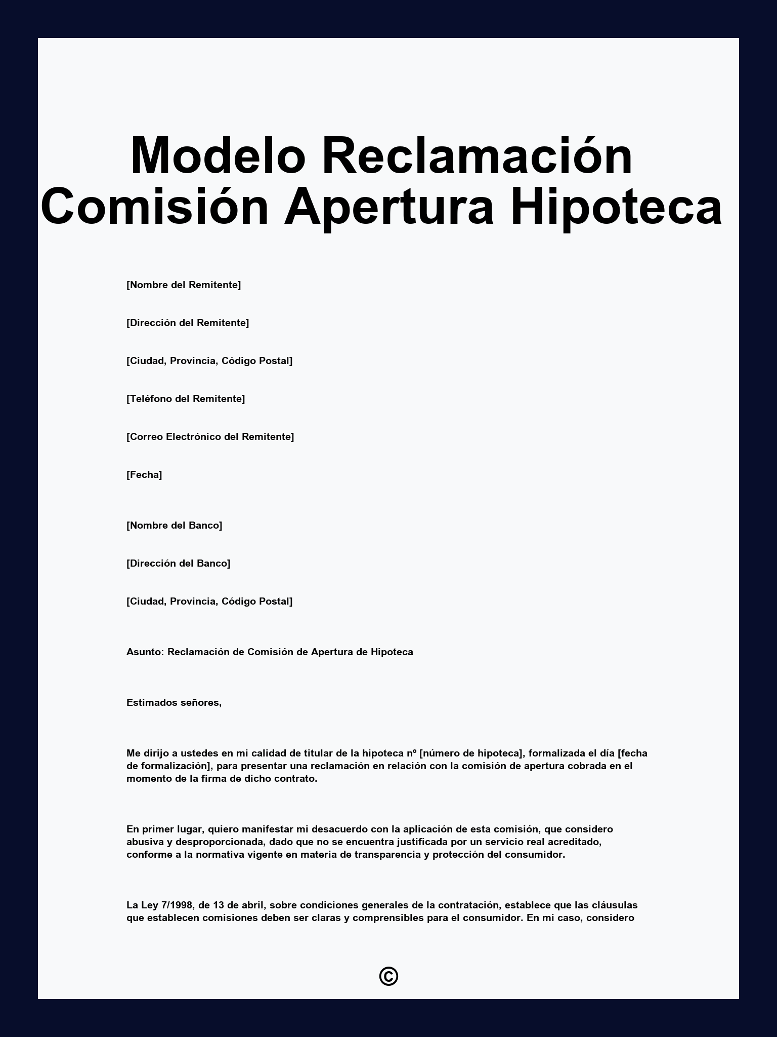 Modelo Reclamación Comisión Apertura Hipoteca