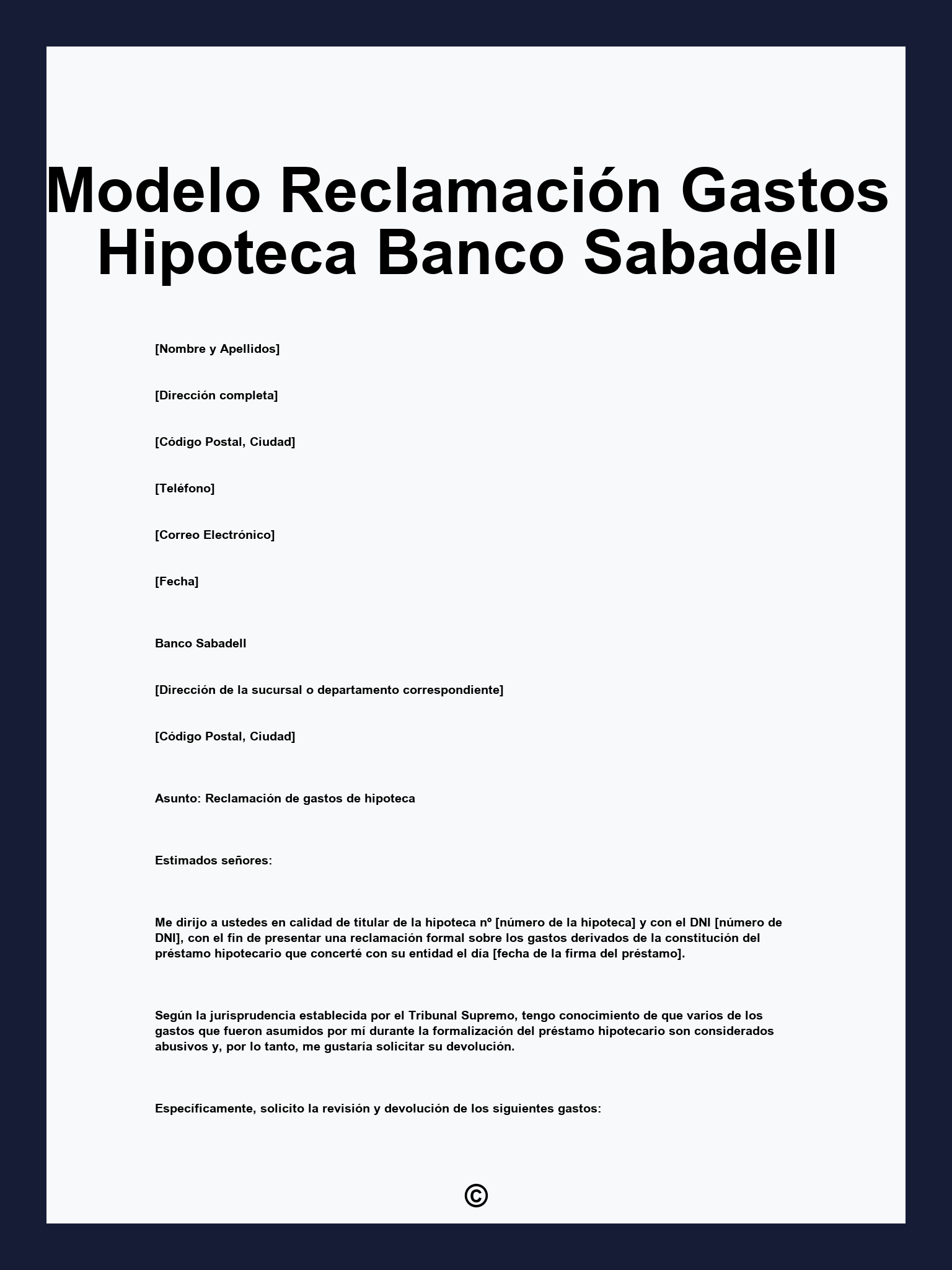 Modelo Reclamación Gastos Hipoteca Banco Sabadell
