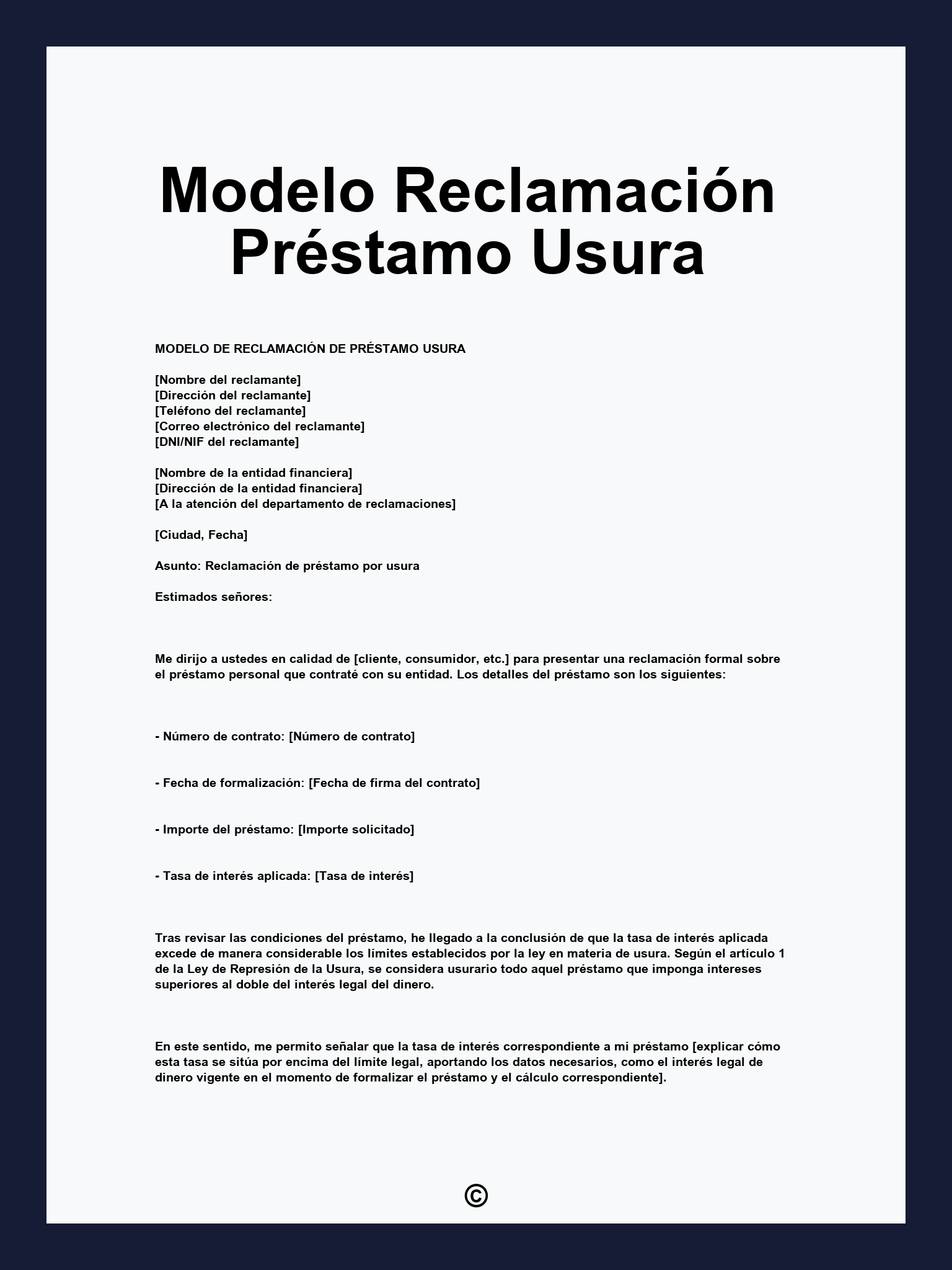 Modelo Reclamación Préstamo Usura